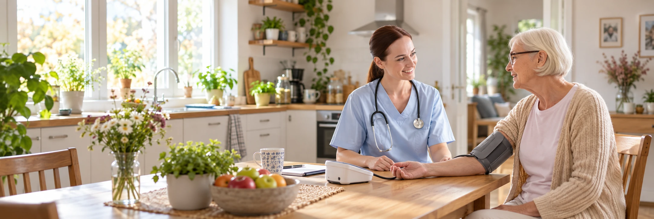 Pflegekraft misst den Blutdruck einer Seniorin zu Hause