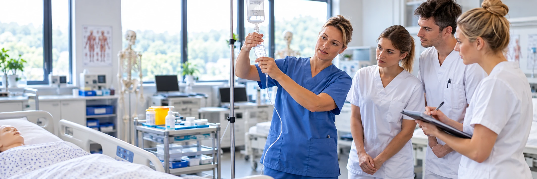 Praxisanleiterin mit Schülern am Pflegebett